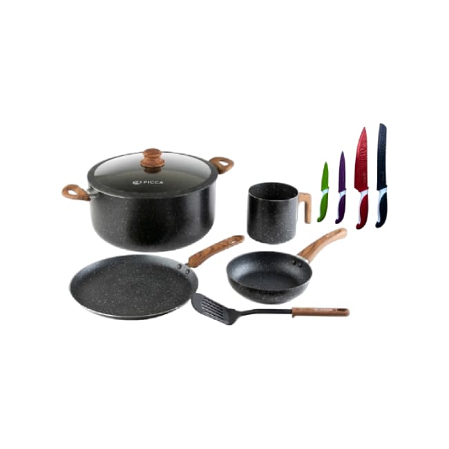 Bateria de Cocina Picca Catania PI006BMG 6 Piezas Color Gris Con Efecto Plateado con Set de Cuchillos Picca PI004SCAM 4 Piezas